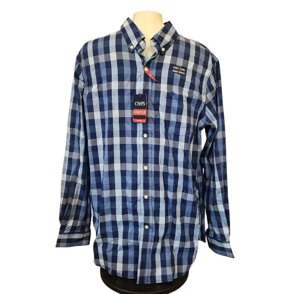 Chaps Men's Navy and Light Blue Checkered Shirt Size Large